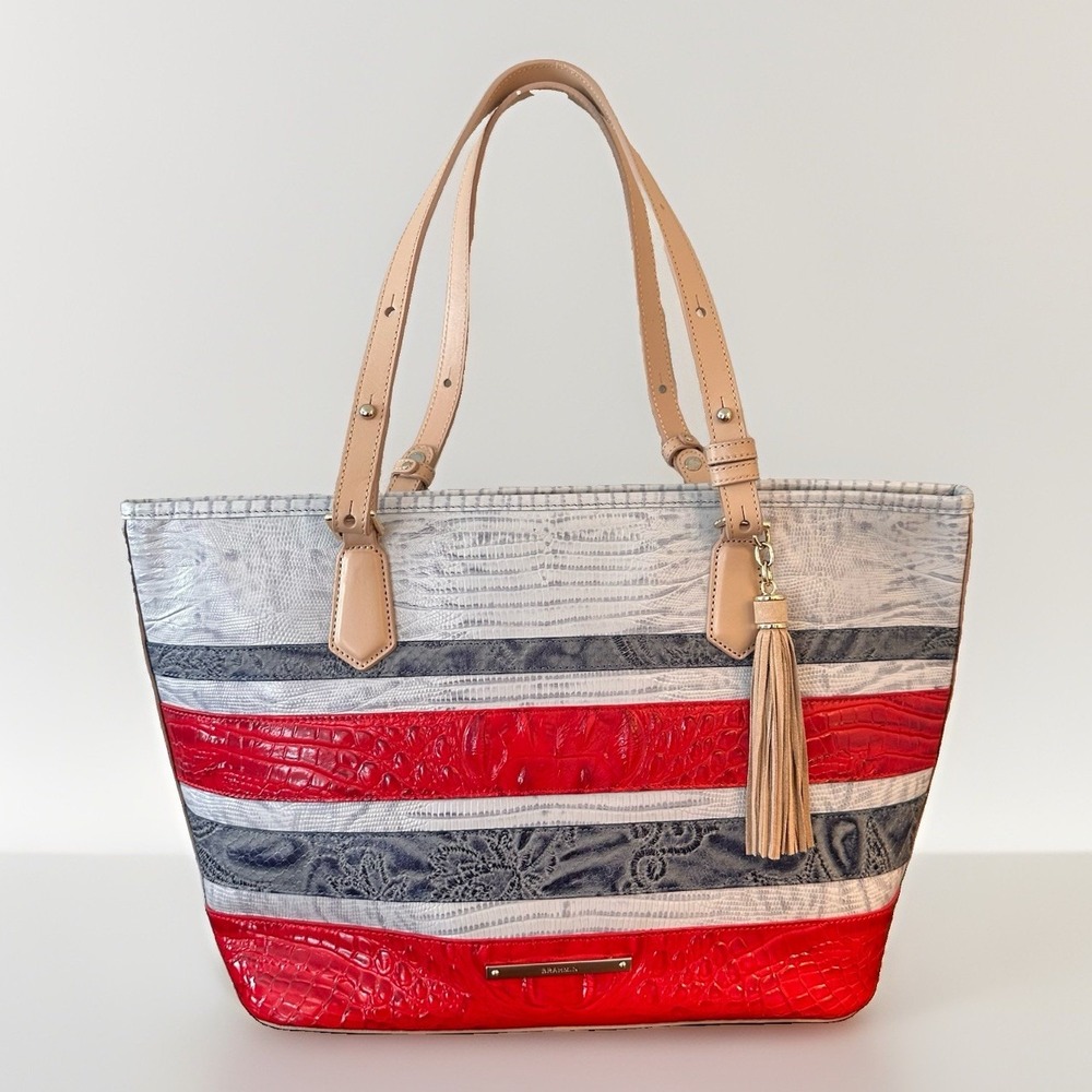 Brahmin Mini Asher Leather Satchel Shoulder Bag Gray Red Striped Preppy